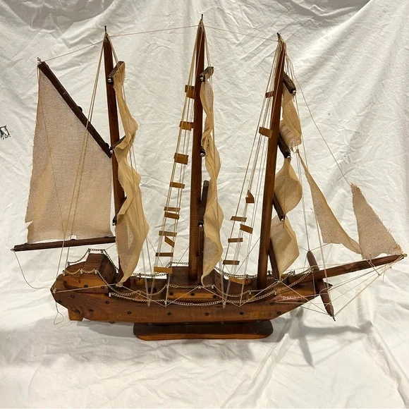 Vintage Sailboat Huge Handmade Multi Fabric Sail Boat Wooden Wood